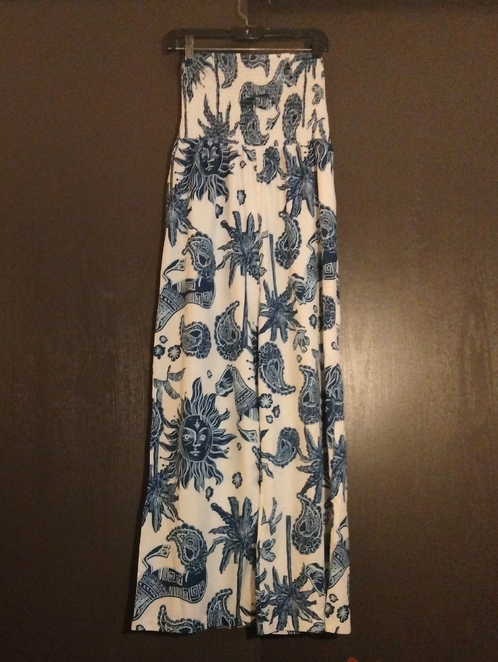 Blue & White Sun Print Strapless Jumpsuit